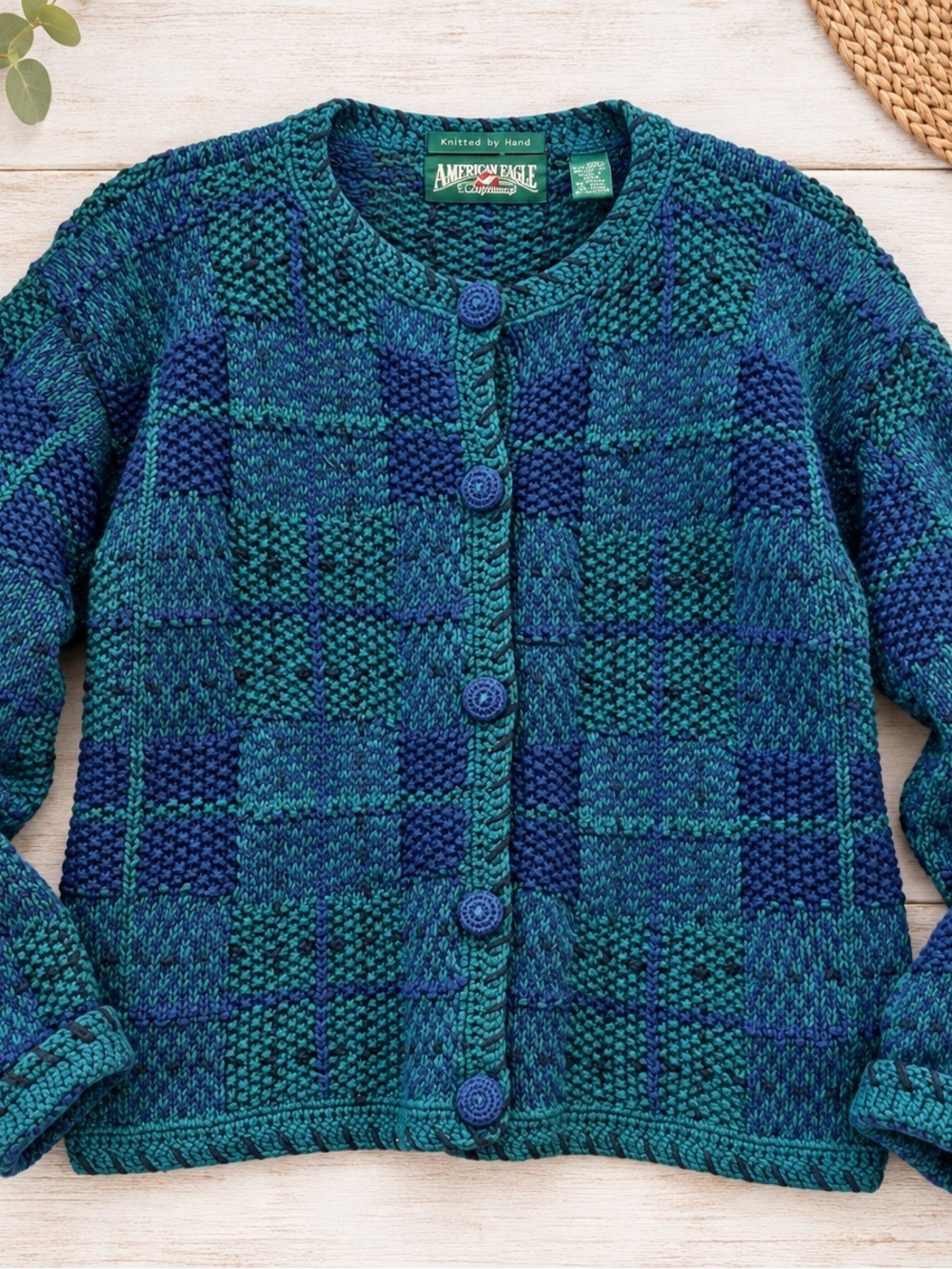 Vintage American Eagle Outfitters Hand Knit Patchwork Cardigan M Grandmacore